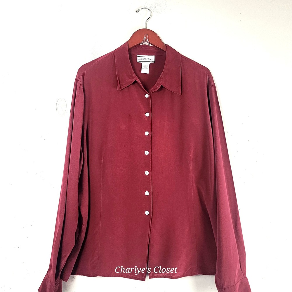 Vtg August Max Woman 100% Silk Blouse 16W Burgundy Long Sleeve 90s Preppy